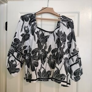 NWT Tahari Black and White Floral Linen Blouse Women's XL
